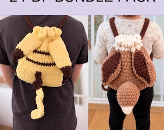 Pokemon-Inspired Crochet Backpack Bundle | Pikachu & Eevee Drawstring Backpack Patterns | Plush Yarn PDF Pattern Pack