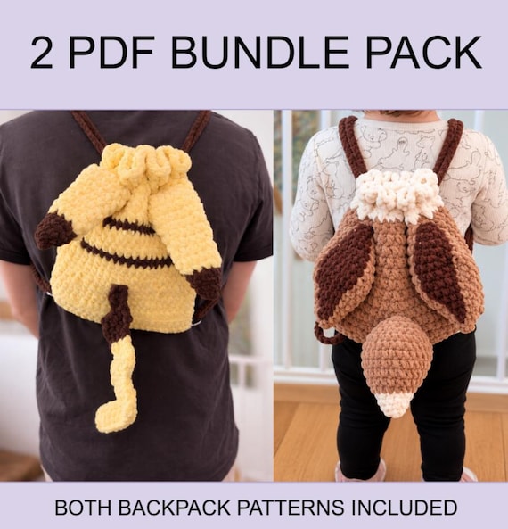 Pokemon-Inspired Crochet Backpack Bundle | Pikachu & Eevee Drawstring Backpack Patterns | Plush Yarn PDF Pattern Pack