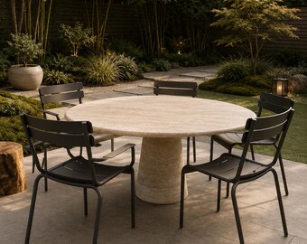 Round dining table made of solid travertine walnut | Handcrafted natural stone dining table | Designer stone table | Custom-made & Personalizable