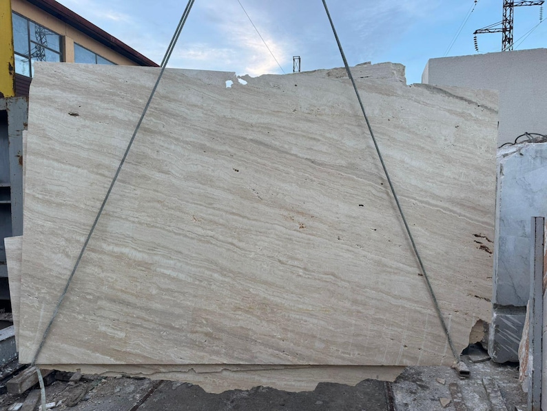 Eettafel van travertijn, rechthoekig, massief hout – tafel van natuursteen met 2 cilindrische poten – moderne eettafel, marmeren tafel afbeelding 11