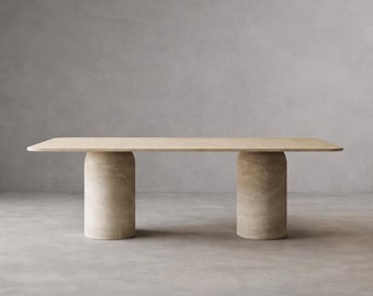 Eettafel van travertijn, rechthoekig, massief hout – tafel van natuursteen met 2 cilindrische poten – moderne eettafel, marmeren tafel