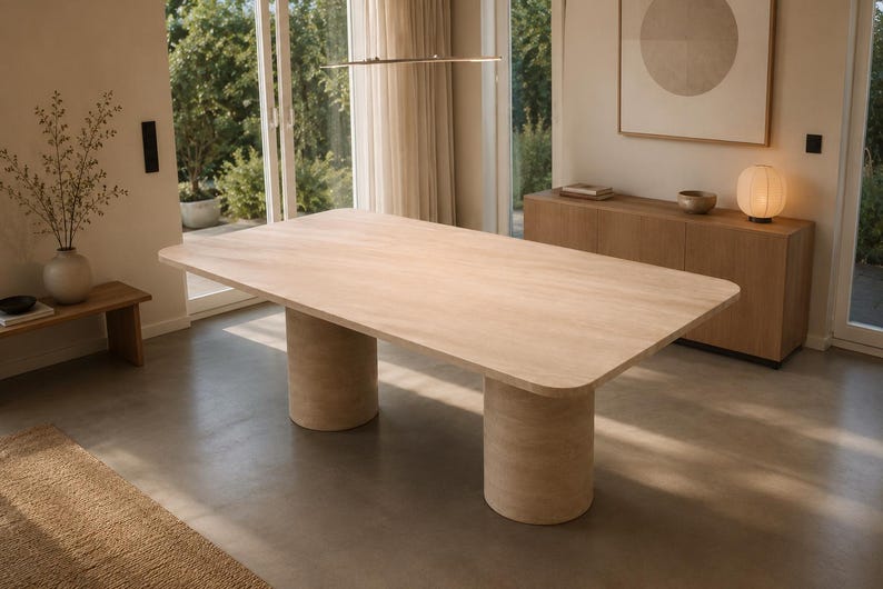 May include: A large rectangular dining table with a light wood grain finish and rounded corners. The table is supported by two substantial cylindrical pedestal bases that match the tabletop, creating a cohesive and stable furniture piece.