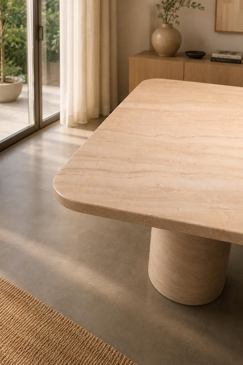 May include: A rectangular dining table with a smooth, light beige travertine stone surface featuring natural horizontal veining and rounded corners. The table is supported by a single, thick, cylindrical pedestal base made of the same stone.