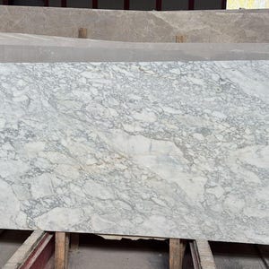 Peut inclure: Une grande dalle rectangulaire en marbre blanc présentant des veines grises complexes sur toute la surface. La pierre affiche une finition polie avec un motif complexe de dépôts minéraux gris et blancs entrelacés sur toute la face.