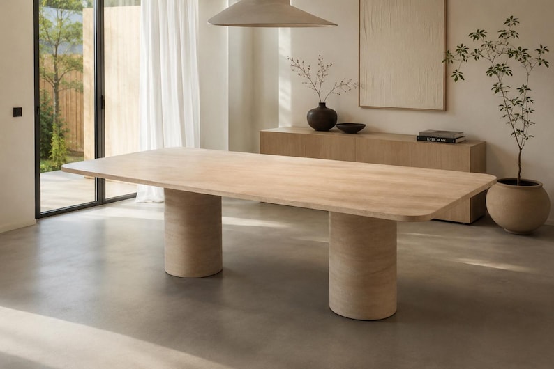 May include: A large rectangular dining table with a light wood grain finish, featuring rounded corners and two substantial cylindrical pedestal bases. The table surface is smooth and flat, supported by the two thick, solid, column-like legs.