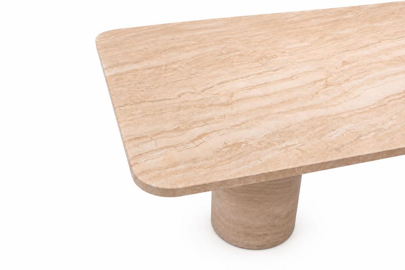 Eettafel van travertijn, rechthoekig, massief hout – tafel van natuursteen met 2 cilindrische poten – moderne eettafel, marmeren tafel afbeelding 3