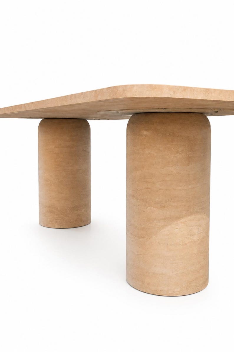 Eettafel van travertijn, rechthoekig, massief hout – tafel van natuursteen met 2 cilindrische poten – moderne eettafel, marmeren tafel afbeelding 4