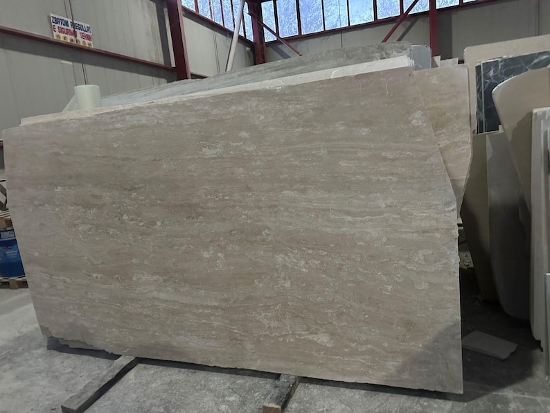 Eettafel van travertijn, rechthoekig, massief hout – tafel van natuursteen met 2 cilindrische poten – moderne eettafel, marmeren tafel afbeelding 12