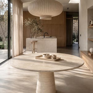 Round dining table made of solid travertine | Handcrafted natural stone dining table | Designer stone table | UK only