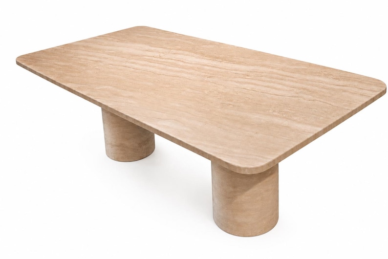 Eettafel van travertijn, rechthoekig, massief hout – tafel van natuursteen met 2 cilindrische poten – moderne eettafel, marmeren tafel afbeelding 2