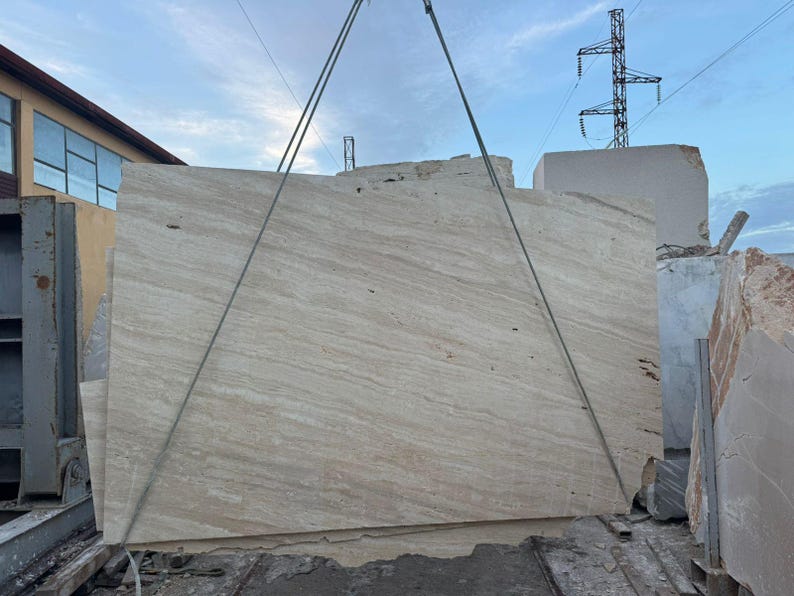 Eettafel van travertijn, rechthoekig, massief hout – tafel van natuursteen met 2 cilindrische poten – moderne eettafel, marmeren tafel afbeelding 10