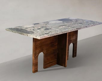 Coffee table made of marble and solid oak | Handcrafted living room table | Designer coffee table made of stone and wood | Rectangular coffee table made of natural stone
