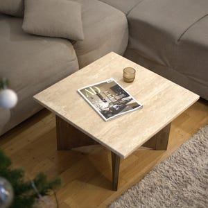 Couchtisch  aus Travertin & Eiche Massiv | Handgefertiger Wohnzimmertisch | Design Couchtisch Stein Holz | quadrata Couchtisch Travertin
