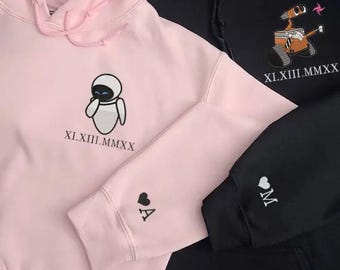 Wall-E And Eve Couples Embroidered Sweatshirt, Custom Roman Numeral Date, Robots Couple Matching Shirt, Disney Valentine Hoodie, Disney Trip
