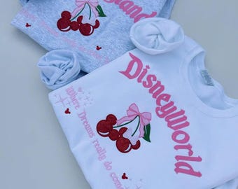 Coquette Bow Disneyworld Disneyland Embroidered Sweatshirt, Mickey Minnie Cherry Bow Tee, Magic Kingdom Hoodie, Disney Trip Shirt
