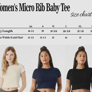 May include: A product image featuring three women modeling micro rib baby tees in cream, navy blue, and black. The image includes a size chart with measurements for body length and chest width in inches.