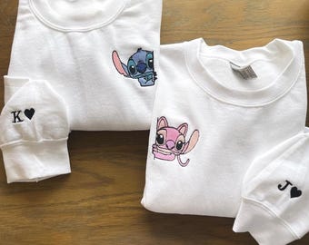 Embroidered Stitch And Angel Couple Sweatshirt, Couple Disney Matching Shirt, Lilo and Stich, Disneyland Couple Hoodie, Valentine Shirt