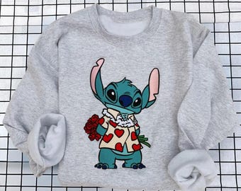 Felpa ricamata Stitch Valentine, maglietta hawaiana Lover, Lilo e Stitch, felpa con cappuccio Disney Valentine, maglietta Stitch Love, regalo di San Valentino