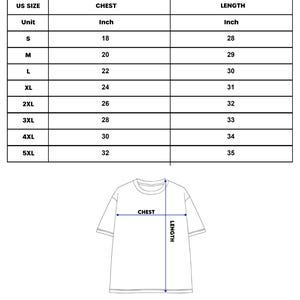 May include: A white t-shirt illustration with chest and length measurements in inches. The size chart includes sizes S to 5XL, with chest measurements ranging from 18 to 32 inches and lengths from 28 to 35 inches. The text "T-SHIRT" is at the top.