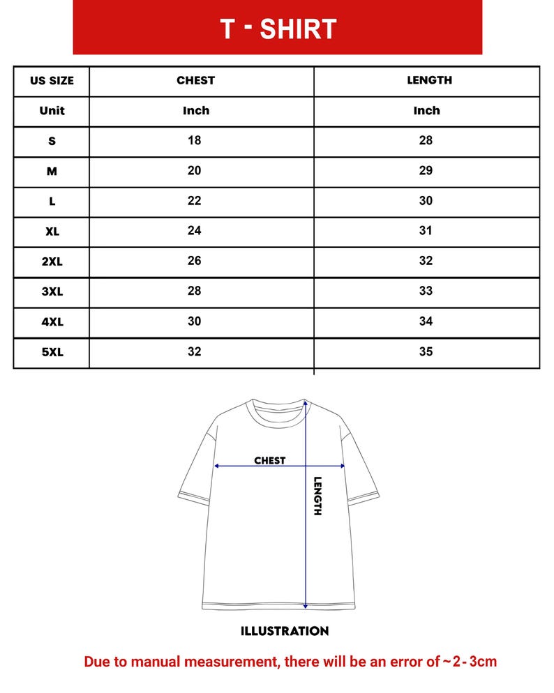 May include: A white t-shirt illustration with chest and length measurements in inches. The size chart includes sizes S to 5XL, with chest measurements ranging from 18 to 32 inches and lengths from 28 to 35 inches. The text "T-SHIRT" is at the top.