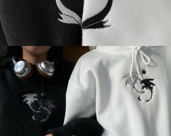 Night Fury and Light Fury Embroidered Shirt, Toothless The Dragon Sweatshirt, HTTYD Couple Matching Embroidered Hoodie, Fantasy Movie Shirt