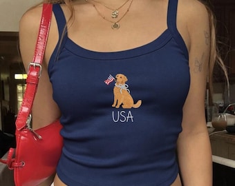 Embroidered Golden Retriever Patriotic Tank Top, American Flag Dog Baby Tee, USA Bow Puppy Tank, 4th of July, American Girl Summer Outfit