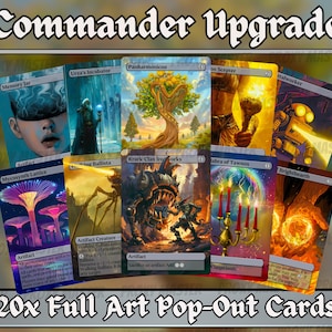 Może przedstawiać: Zestaw 20 kart pop-out z pełną grafiką z tekstem "Commander Upgrade". Karty przedstawiają różne ilustracje fantasy, w tym drzewo, postać z laską i postać robota. Widoczny jest również tekst "20x Full Art Pop-Out Cards".