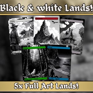 May include: Five black and white fantasy art cards with landscape illustrations. The cards feature scenes of plains, mountains, a swamp, a forest, and an island. Text at the top reads "Black & white Lands!" and at the bottom "5x Full Art Lands!"