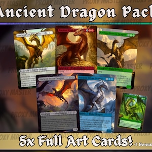May include: A collection of six full art cards featuring dragon illustrations. The cards are labeled "Ancient Dragon Pack" and include various dragon types such as gold, copper, bronze, brass, and silver. The text "5x Full Art Cards! +1 Bonus card!" is also visible.
