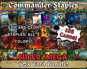 May include: A collection of 105 Magic: The Gathering cards, featuring EDH and CEDH staples in all five colors. The image includes text that reads "Commander Staples," "EDH AND CEDH STAPLES, ALL 5 COLORS!" and "SUPER MEGA 105x Card Bundle!"