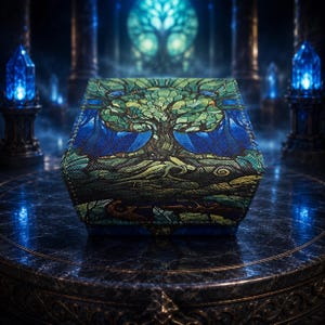 Puede incluir: Una caja rectangular que presenta un estampado gráfico vibrante y multicolor de un árbol con ramas y raíces extendidas. El diseño incorpora tonos verdes, azules y negros, con un acabado de superficie texturizada en todo el exterior.