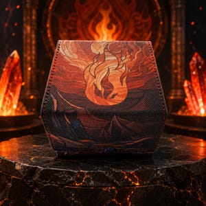 Puede incluir: Una caja hexagonal para cartas con un estampado gráfico vibrante de llamas estilizadas en naranja y amarillo sobre un fondo oscuro. La caja tiene una superficie texturizada con costuras visibles en los bordes y un diseño de fuego en el panel frontal.