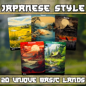 Könnte beinhalten: Eine Sammlung von fünf Karten im japanischen Stil, die jeweils eine Landschaft darstellen: ein Feld, eine Insel, ein Sumpf, ein Berg und ein Wald. Die Karten haben eine rechteckige Form und leuchtende Farben. Der Text "JAPANESE STYLE" und "20 UNIQUE BASIC LANDS" ist zu sehen.