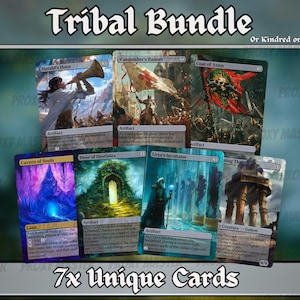 Może przedstawiać: Zestaw siedmiu unikalnych kart kolekcjonerskich, oznaczonych jako "Tribal Bundle". Karty zawierają fantastyczne ilustracje i tekst, z tytułami takimi jak "Herald's Horn", "Vanquisher's Banner" i "Cavern of Souls". Karty są wyświetlane na tle gradientu.