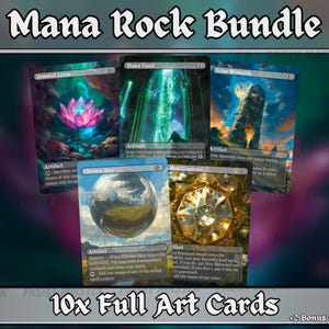 Può includere: Un set di cinque carte Magic: The Gathering full art, tra cui "Jeweled Lotus", "Mana Vault", "Grim Monolith", "Chrome Mox" e "Mox Diamond". Le carte presentano vivaci illustrazioni fantasy e sono etichettate come "10x Full Art Cards".