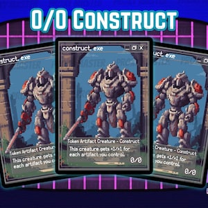 May include: Three pixel art trading cards featuring a Construct robot with a sword. The cards have a retro video game aesthetic, with the text "0/0 CONSTRUCT" at the top. The cards are set against a blue and pink background.