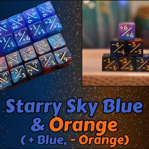 May include: A collection of dice in shades of blue, red, and orange, with white and gold markings. The dice are arranged in two groups, with the text "Starry Sky Blue & Orange" at the bottom.