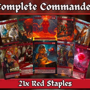 Może przedstawiać: Zestaw kart Magic: The Gathering, prezentujący różne grafiki fantasy i tytuły. Karty są głównie czerwone, z tytułami takimi jak "Wheel of Fortune" i "Final Fortune". Widoczny jest tekst "Complete Commander" i "21x Red Staples".