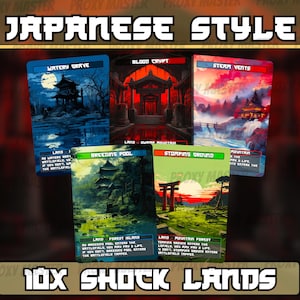 May include: A collection of Japanese-style trading cards. The cards feature various landscapes and structures, including a temple, a graveyard, and a mountain scene. The text "JAPANESE STYLE" and "10X SHOCK LANDS" are displayed.