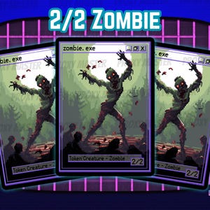 May include: Three pixel art cards with a zombie theme. The cards feature a pixelated zombie with outstretched arms against a forest backdrop. The text "2/2 Zombie" and "zombie.exe" are visible. The cards are set against a retro-style background.