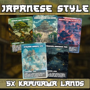 Könnte beinhalten: Fünf Sammelkarten im japanischen Stil mit detaillierten Illustrationen von Landschaften und Strukturen. Die Karten sind mit Text wie "Japanese Style", "5X Kamigawa Lands" und verschiedenen Ortsnamen beschriftet. Die Karten haben ein grünes, blaues und rotes Farbschema.