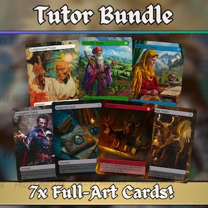 May include: A collection of seven full-art cards, featuring various fantasy illustrations. The cards are labeled with titles such as "Enlightened Tutor," "Worldly Tutor," and "Mystical Tutor." The text "Tutor Bundle" and "7x Full-Art Cards!" are displayed.