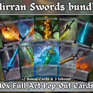 May include: A collection of ten full art pop-out cards showcasing Mirran Swords. The cards feature diverse sword designs in vivid colours, including blue, orange, and green. The text "Mirran Swords bundle" is at the top.