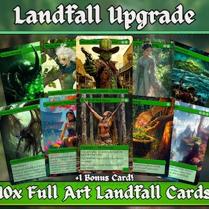May include: A collection of ten full art Landfall cards, plus one bonus card, with fantasy art. The cards feature various characters and landscapes, with green borders and text. The words "Landfall Upgrade" and "10x Full Art Landfall Cards" are displayed.