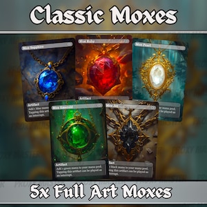 May include: Five full art Mox cards are displayed, each featuring a different gemstone: sapphire, ruby, pearl, emerald, and jet. The cards have ornate frames and the text "Classic Moxes" is at the top.