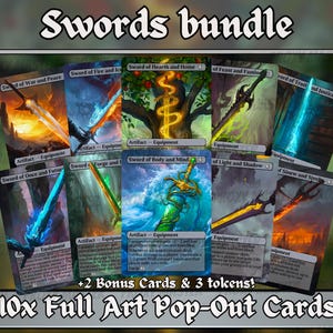 May include: A collection of ten full-art fantasy trading cards titled Swords bundle, featuring various illustrated swords with glowing elements, including Sword of War and Peace, Sword of Hearth and Home, and Sword of Body and Mind, with text.