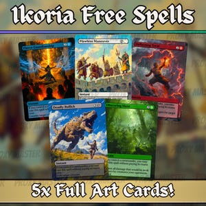 Peut inclure: Cinq cartes Magic: The Gathering en pleine illustration de l'ensemble Ikoria. Les cartes présentent diverses scènes d'art fantastique, dont un dinosaure, des guerriers et des figures mystiques. Le texte en haut indique "Ikoria Free Spells" et en bas "5x Full Art Cards!"