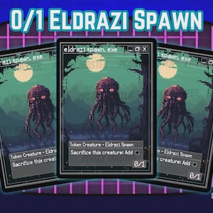 Peut inclure: Trois cartes Eldrazi Spawn en pixel art avec un design sombre et menaçant. Chaque carte présente une créature avec des tentacules, une pleine lune et le texte "0/1 Eldrazi Spawn". Les cartes sont placées sur un fond de style rétro.