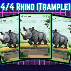 May include: Three trading cards with a pixelated rhino illustration, labelled "4/4 RHINO (TRAMPLE)". Each card has a green border and the text "rhino.exe". The background has a retro design with pink and blue lines.