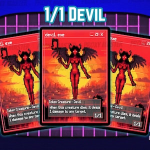 May include: Three red trading cards featuring a pixelated devil illustration. The cards have the text "1/1 DEVIL" at the top and "devil.exe" on the card. The cards also have the text "Token Creature - Devil" and "When this creature dies, it deals 1 damage to any target."
